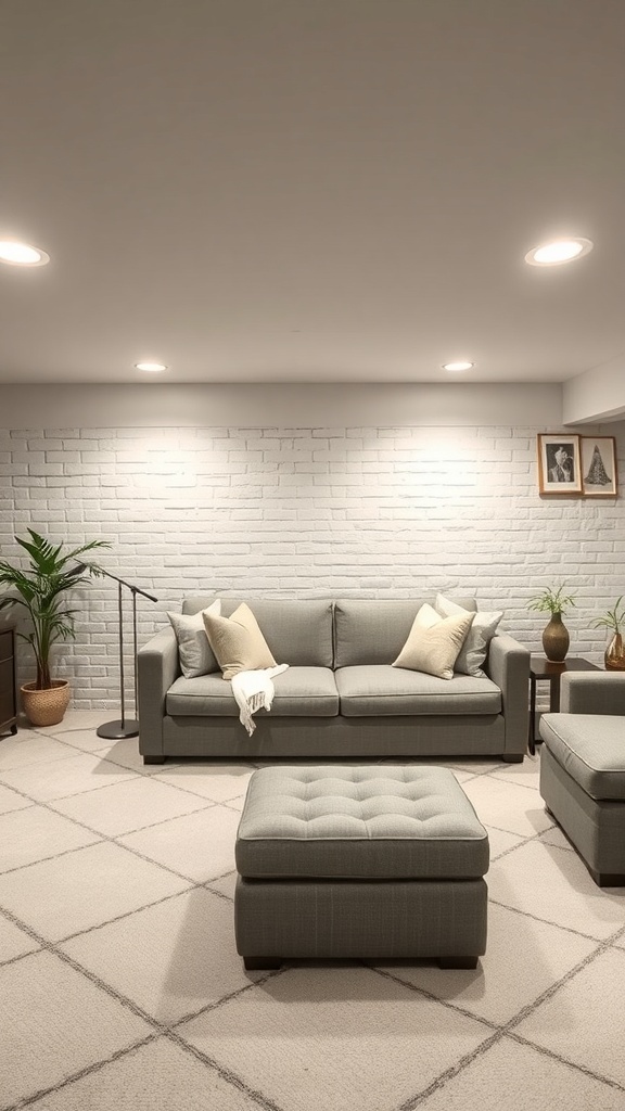 Cozy low ceiling basement with multi-functional furniture including a sofa and ottoman.