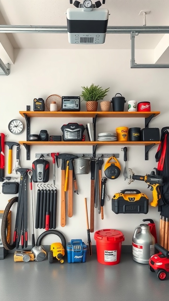 A well-organized garage shelving unit displaying tools, bins, and a plant.