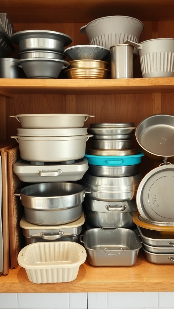 A variety of baking pans and molds organized on a wooden shelf.
