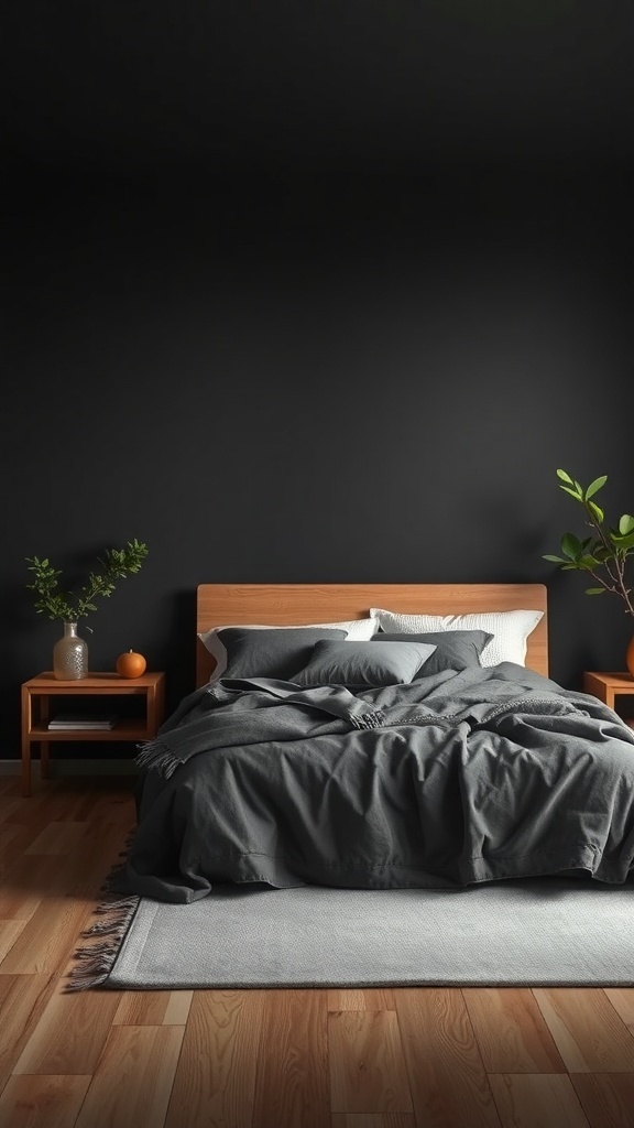 A dark grey bedroom featuring wooden furniture and plants.