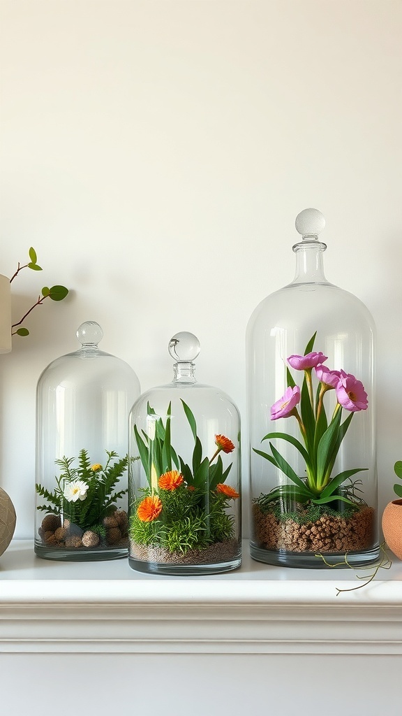 Three glass cloches with colorful flowers and greenery on a mantel