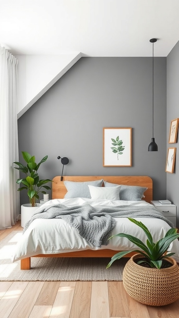 A grey and white bedroom featuring a wooden bed, plants, and soft textiles.