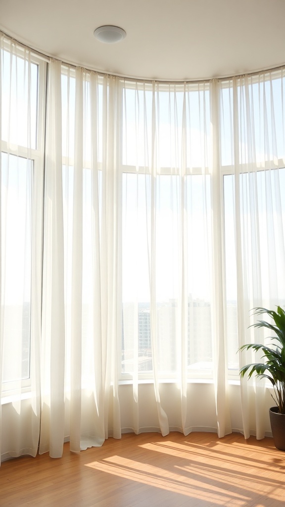 Bright summer room with large windows, sheer curtains, and a plant.