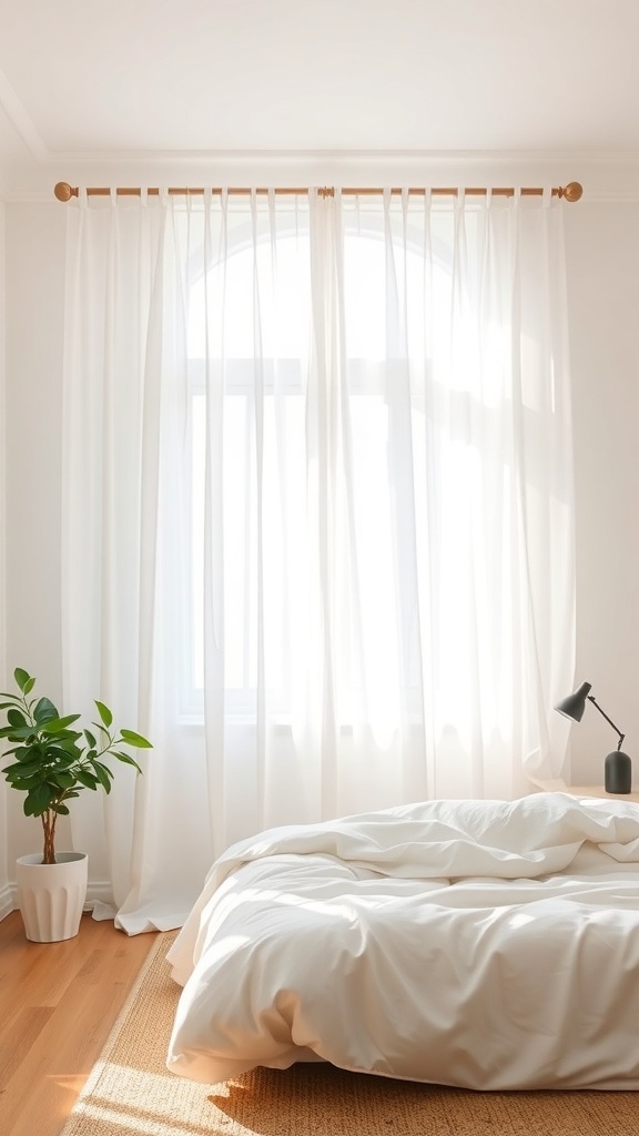 A bright bedroom with sheer white curtains letting in natural light, featuring a plant and a cozy bed.