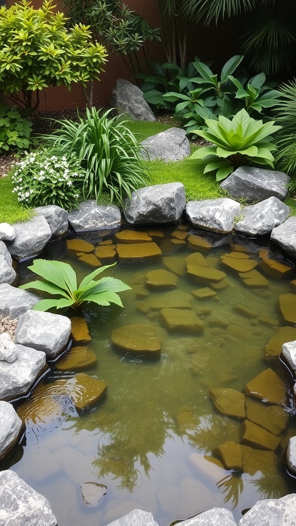 A natural pond surrounded by greenery and stones in a backyard.