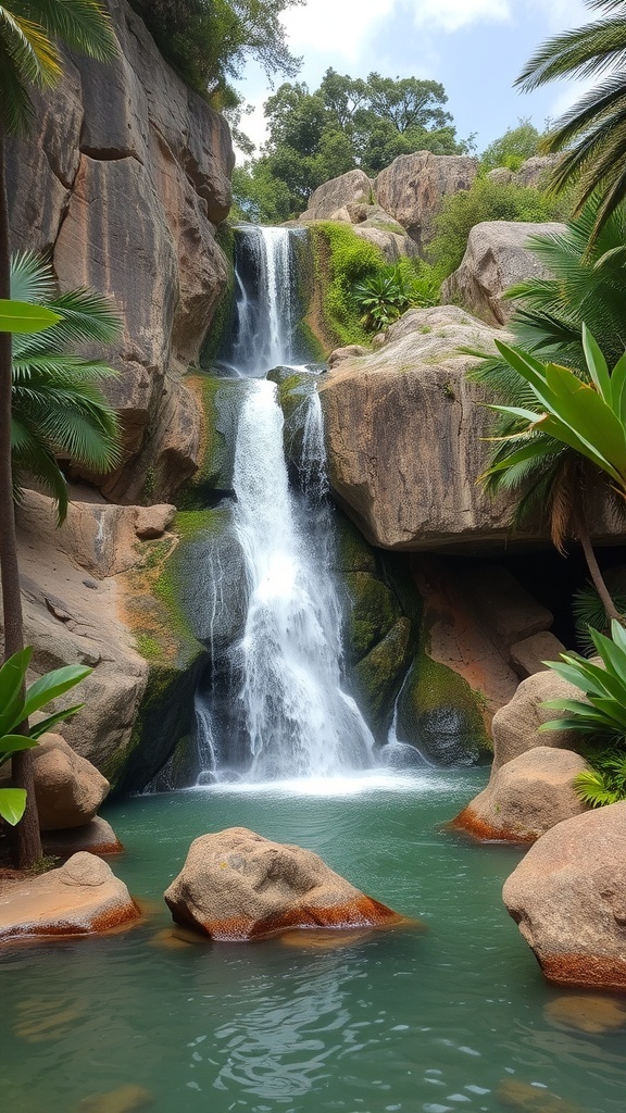 A natural rock waterfall cascading into a pool, surrounded by greenery.