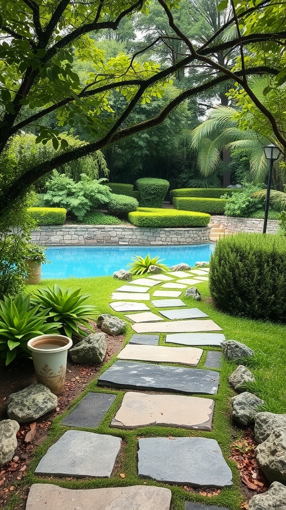 A natural stone pathway leading to a pool surrounded by greenery.