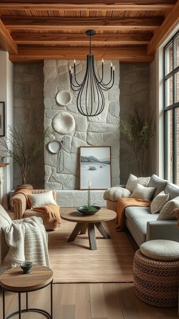 Cozy living room with stone wall, wooden beams, and natural textures