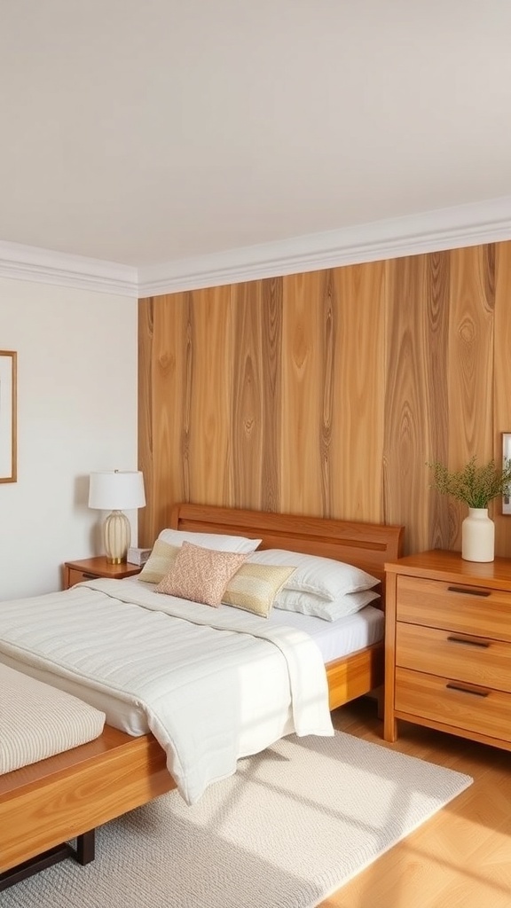 A cozy bedroom featuring natural wood furniture, light bedding, and decorative pillows.