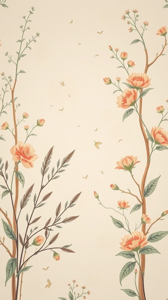 Fondo de pantalla vintage con flores y plantas en tonos suaves.