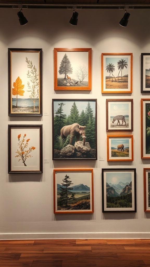 A collection of nature-inspired artwork featuring animals and plants in various frames.