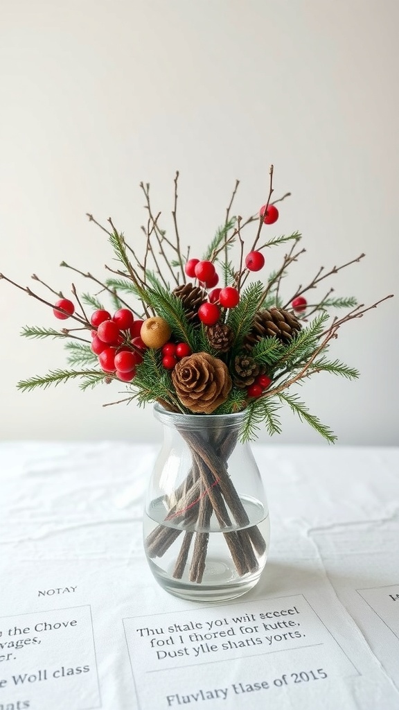 A nature-inspired centerpiece with pinecones, red berries, and evergreen branches in a clear vase.