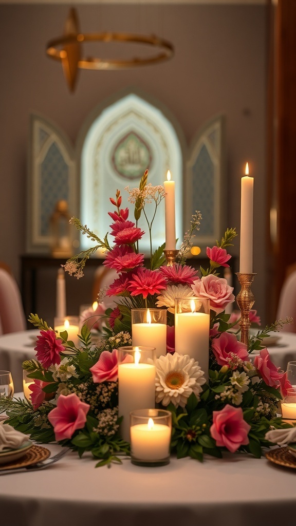 A beautifully arranged centerpiece featuring candles and colorful flowers, set on a dining table.