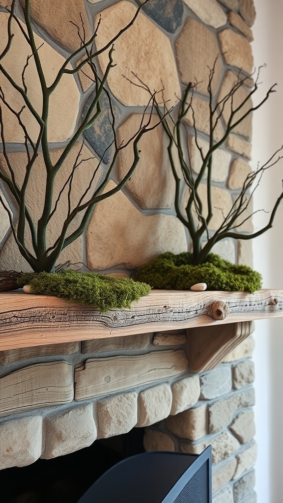 A rustic mantle decor featuring branches and moss on a wooden shelf against a stone wall.