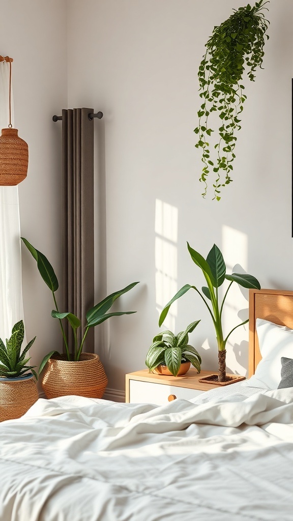 A cozy bedroom with various plants, including a hanging plant and potted plants in woven baskets, creating a nature-inspired decor.
