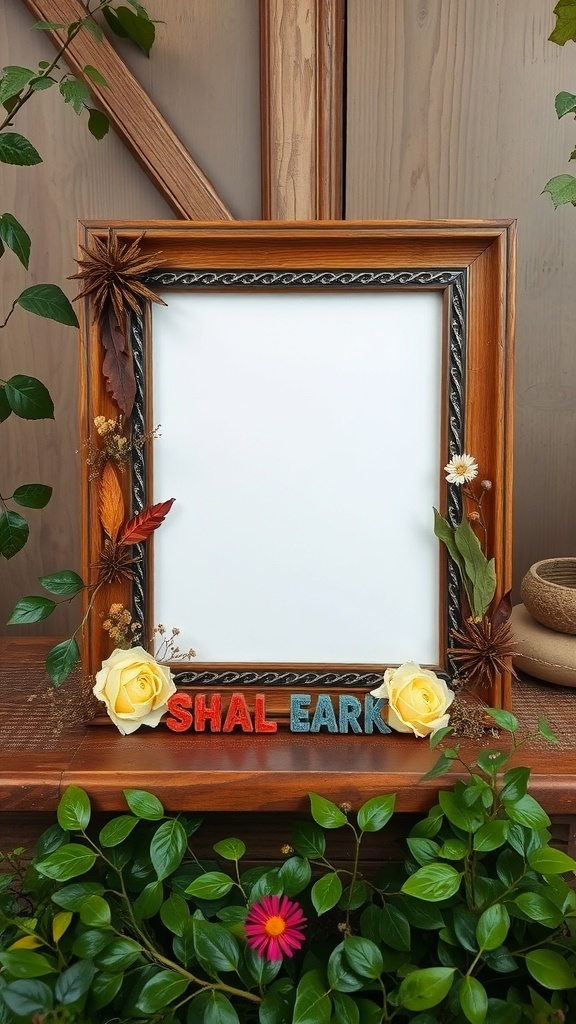 A wooden picture frame decorated with yellow roses, flowers, and colorful letters, surrounded by greenery.
