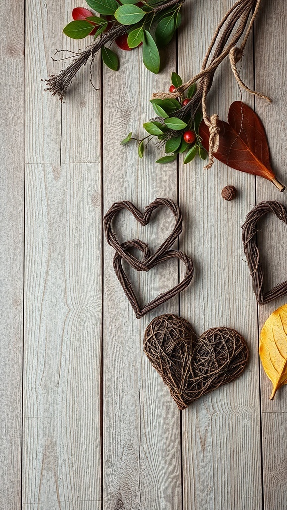 Nature-inspired heart decorations made from twigs and leaves on a wooden surface.