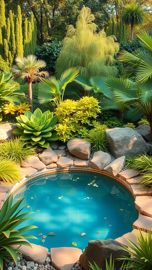 A serene backyard pool surrounded by lush greenery and natural landscaping.
