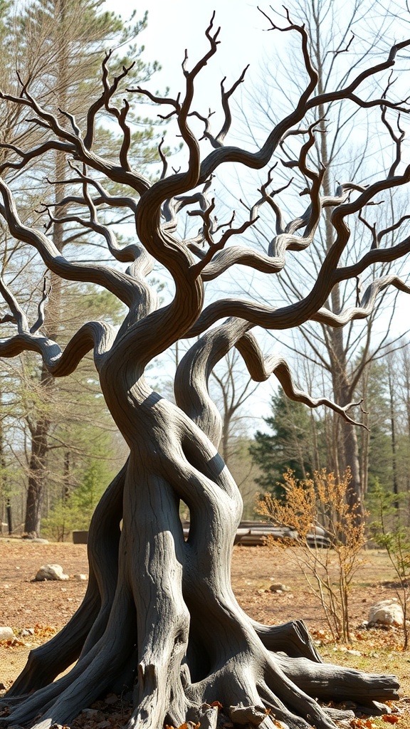 A beautifully carved tree sculpture with twisting branches and a textured trunk.
