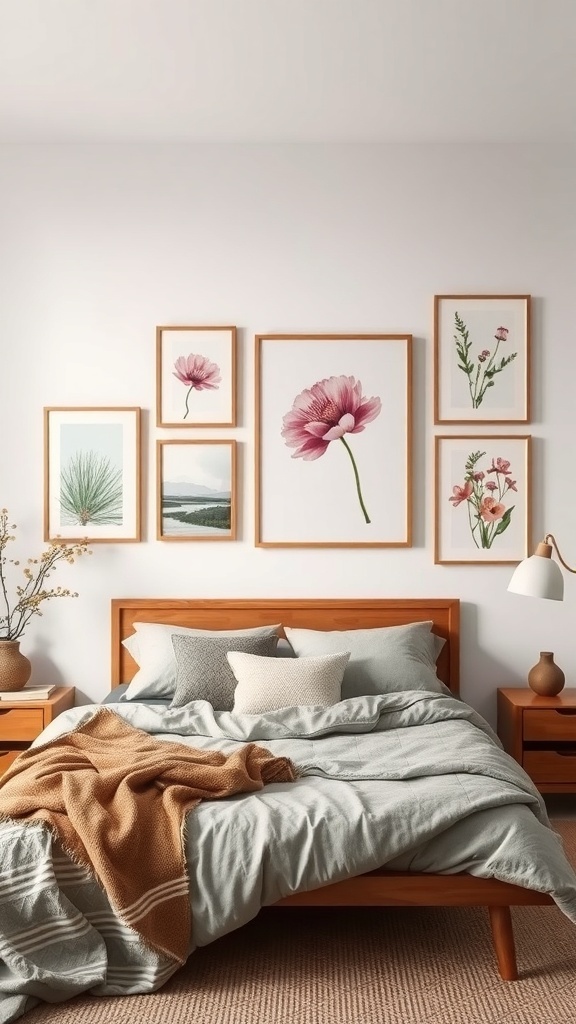 A cozy bedroom featuring nature-inspired wall art with floral and landscape prints.