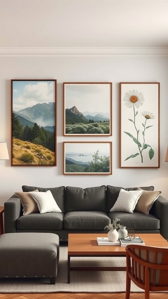 A living room featuring nature-inspired wall art with landscapes and flowers.
