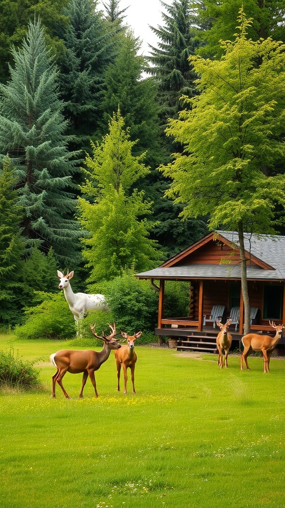 A cozy cabin surrounded by green trees and deer, including a white deer.