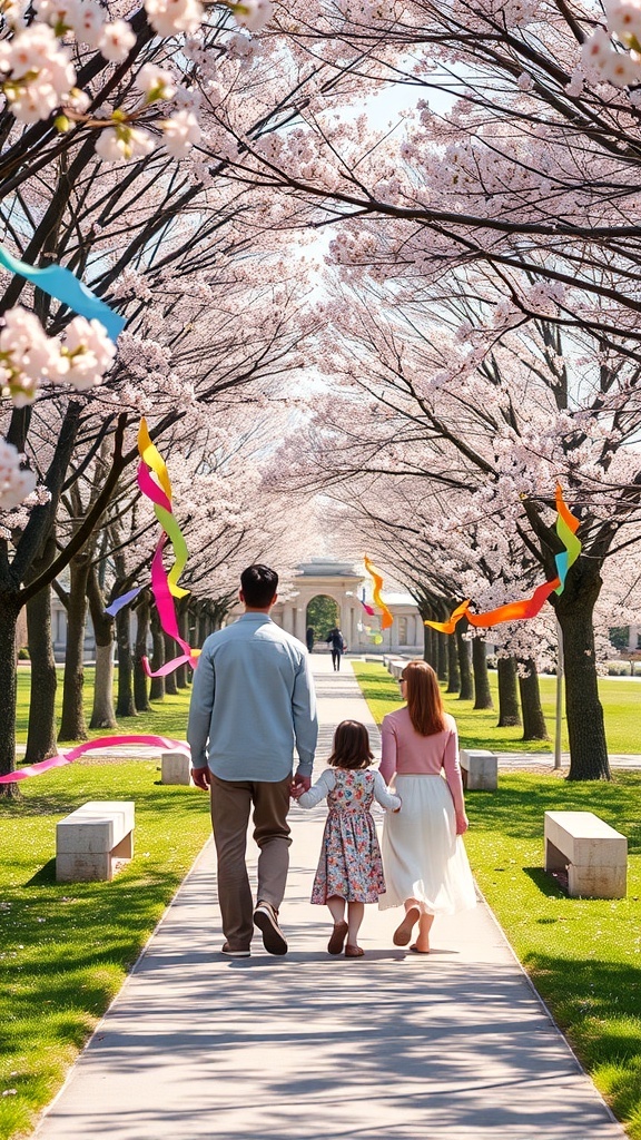 A family walking under cherry blossom trees with colorful streamers.