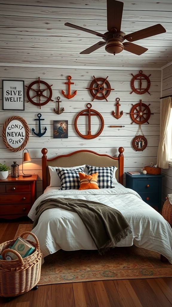 A cozy bedroom featuring nautical decor with ship wheels and anchors on the wall.