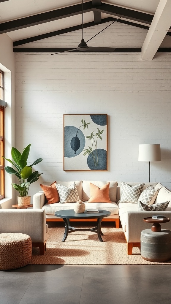 Living room with neutral colors and bold accents in an industrial farmhouse style.