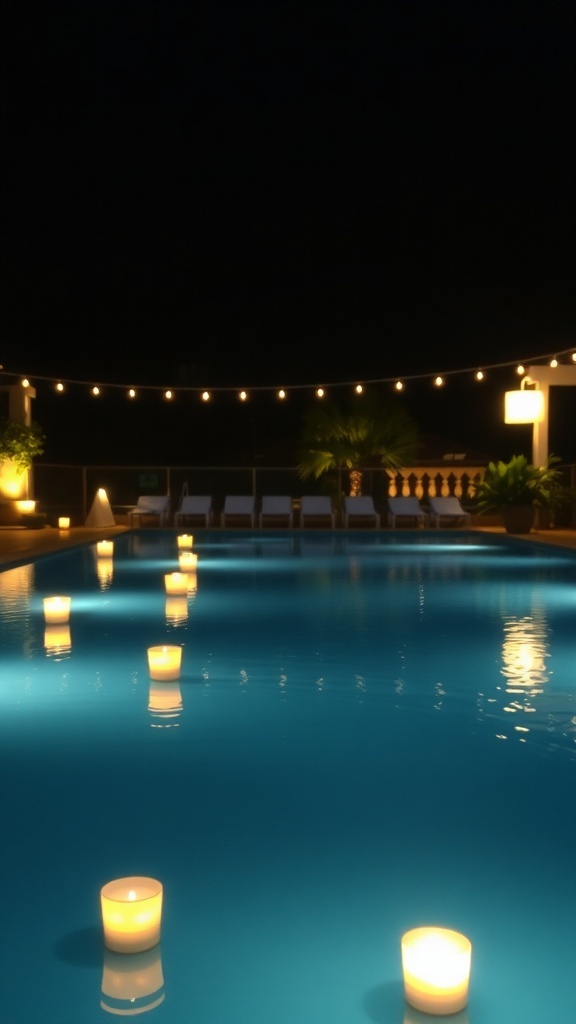 A beautifully lit pool area at night with floating candles and string lights.