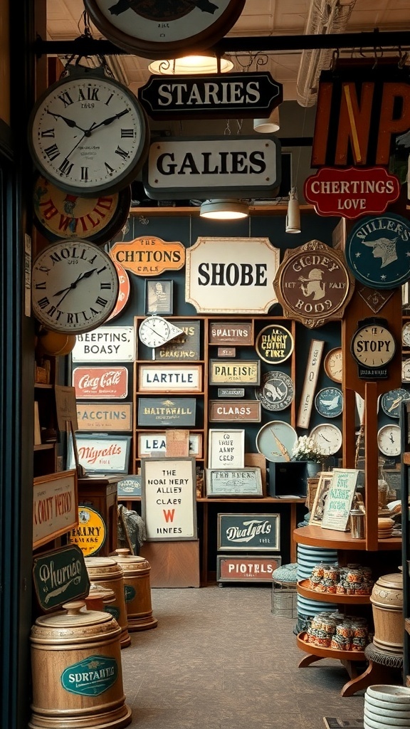 A vintage shop display featuring various nostalgic signage elements, including clocks and advertisements.