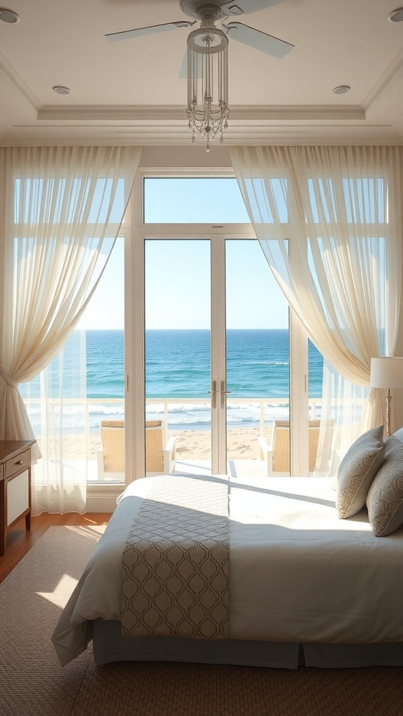 A beach bedroom with large windows and sheer curtains overlooking the ocean.