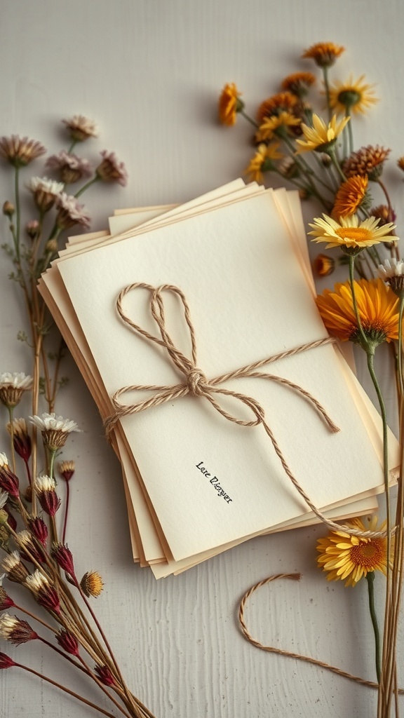 A stack of love letters tied with twine, surrounded by colorful flowers.