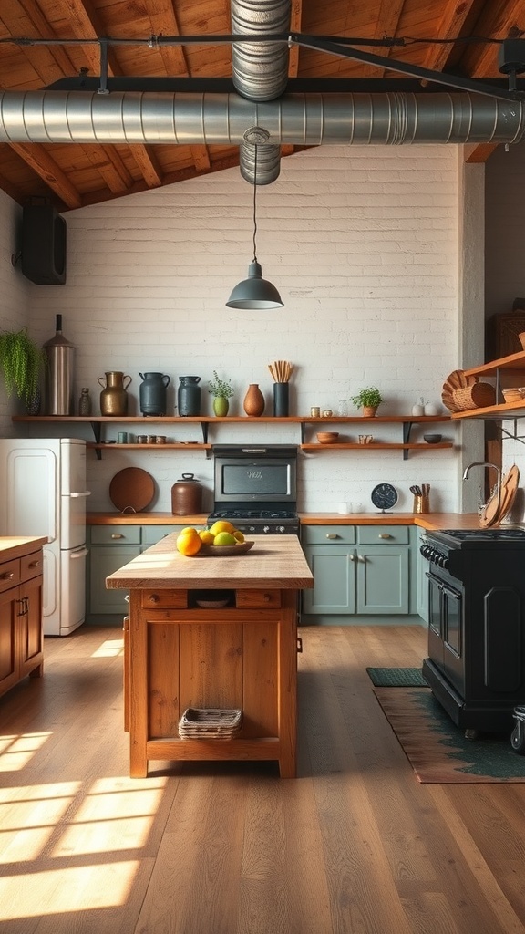 Open-concept kitchen featuring wooden island and colorful cabinets.