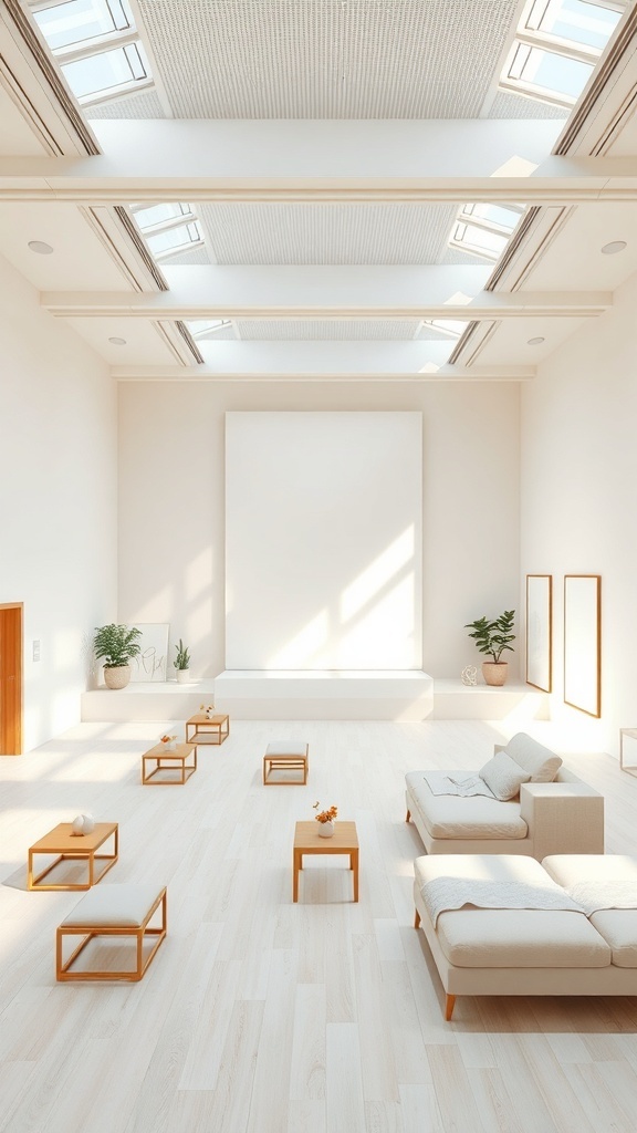 A spacious summer room with high ceilings, large windows, and minimal furniture, designed for airflow.