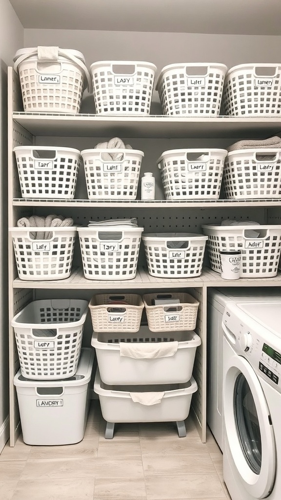 Organized laundry room shelves with labeled baskets and bins