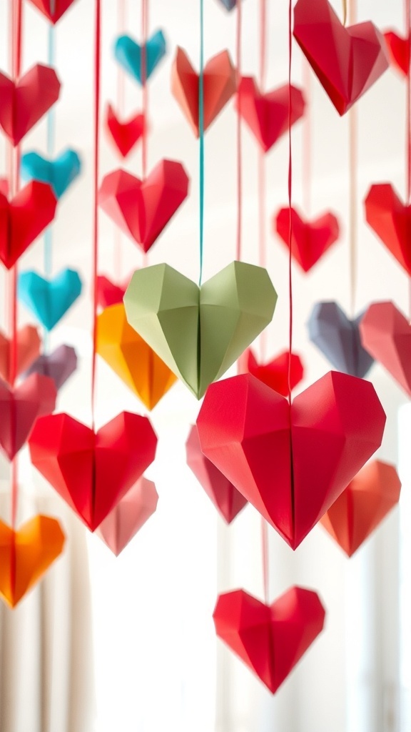 Colorful origami heart decorations hanging from strings