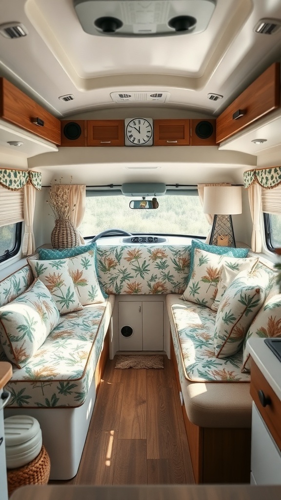 Cozy RV interior with botanical patterned cushions and warm wood accents.