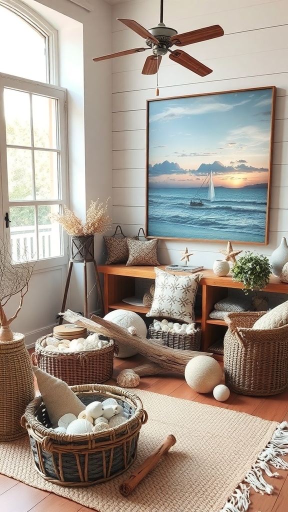 A cozy summer room with nautical decor, featuring a large painting of a sailboat, woven baskets, and soft cushions.