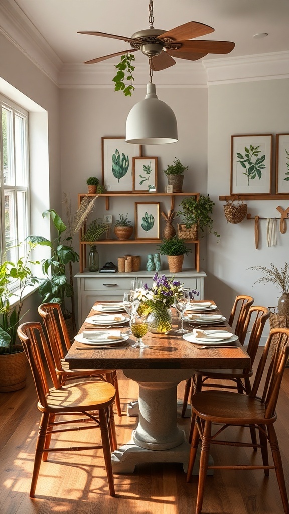 A cozy dining area with a wooden table set for a meal, surrounded by plants and botanical artwork.