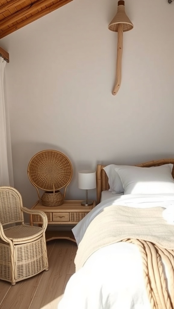 A beach bedroom featuring wicker furniture and natural decor.
