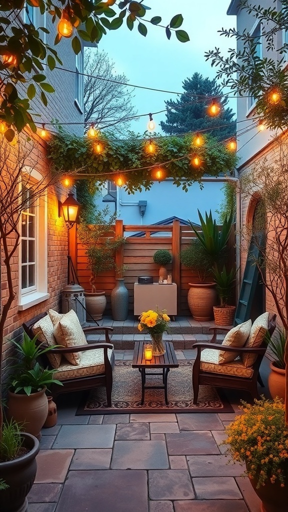 Cozy outdoor patio with string lights, comfortable seating, and potted plants.