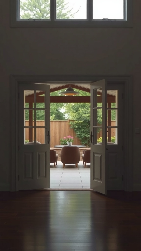 A view of a summer room with open doors leading to an outdoor seating area surrounded by greenery.