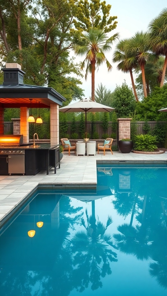 A beautiful outdoor kitchen and bar area next to a pool, surrounded by greenery.