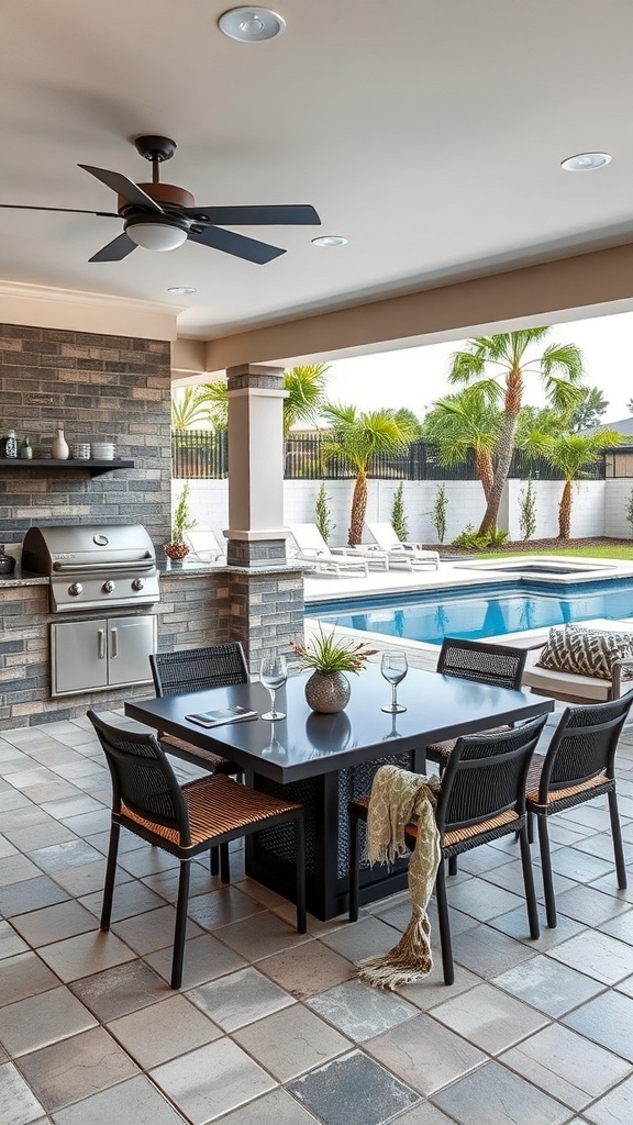 Stylish outdoor kitchen and dining area with a pool in the background