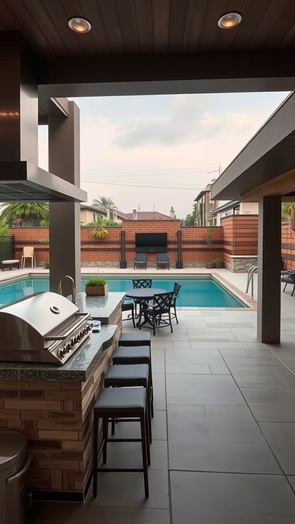 Outdoor kitchen area with a grill and seating near a swimming pool.