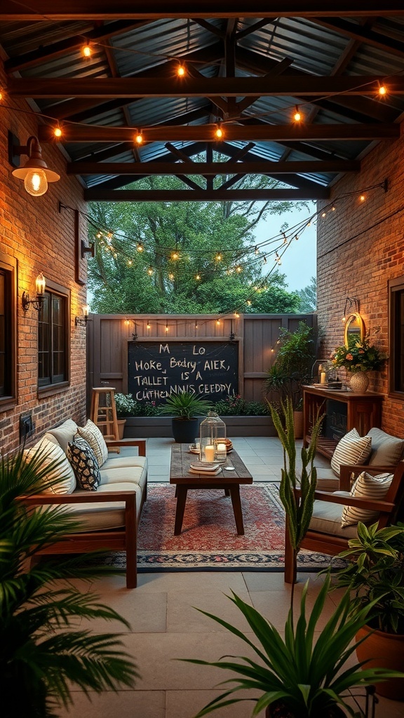 Cozy outdoor living space with rustic features, warm lighting, and comfortable seating.