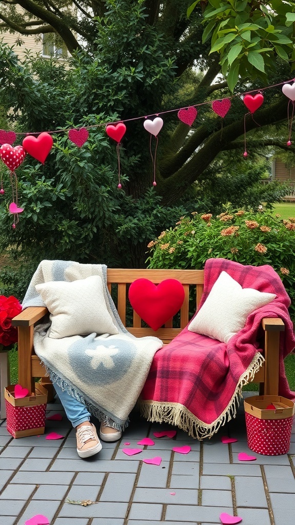 A love seat on a porch with blankets and heart decorations