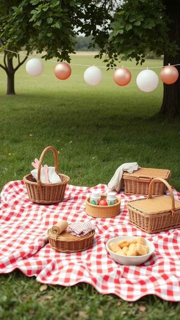Outdoor picnic setup with baskets, snacks, and a checkered blanket under a tree.