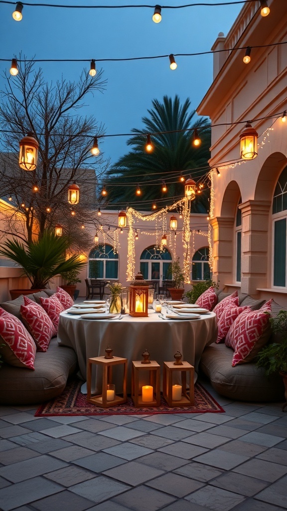Cozy outdoor gathering space decorated with string lights and lanterns for Ramadan.